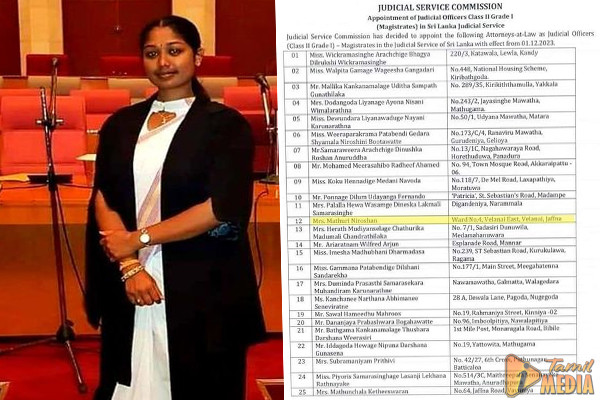 இலங்கை நீதித்துறை வரலாற்றில் இளவயதில் நீதிபதியாகத் தெரிவான தமிழ்ப் பெண்; குவியும் பாராட்டுக்கள்